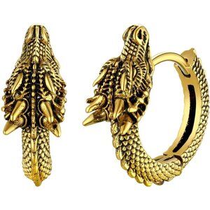 🆕 Men Gold Punk Rock Earrings Hypoallergenic Stainless Steel Sterling Dinosaur